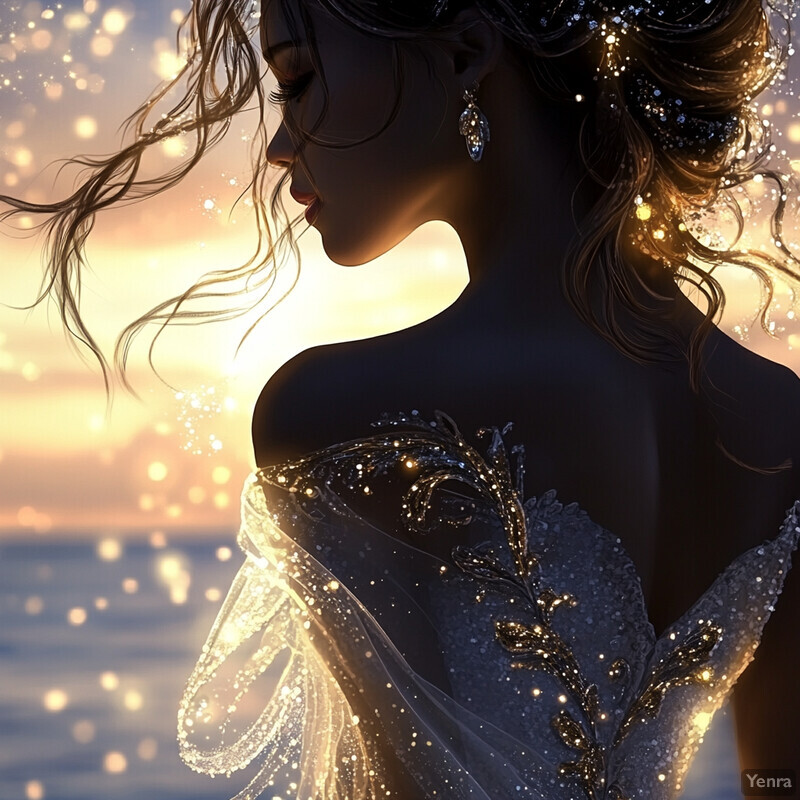 A woman in a white gown with gold embroidery poses against a sunset background