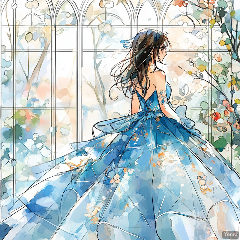 A young woman stands in front of an arched window, wearing a blue dress and looking out at something outside.