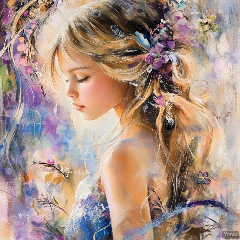 A young woman with long blonde hair adorned with flowers in a soft, ethereal background.