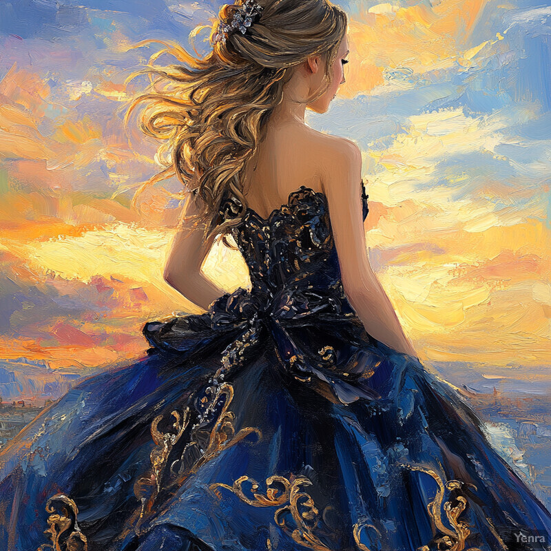 A woman in a blue ball gown stands on a rocky outcrop overlooking mountains and water at sunset.