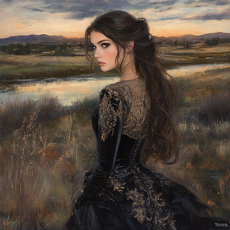 A young woman stands confidently in a field, gazing over her right shoulder towards the viewer. She wears a stunning black dress with intricate gold embroidery, surrounded by tall grasses and wildflowers swaying gently in the breeze.