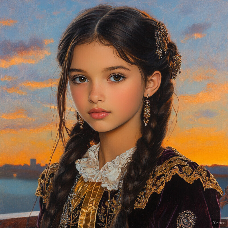 An oil painting of a young girl with long dark hair styled in a braid and adorned with gold hairpins, set against a serene sunset over a body of water.