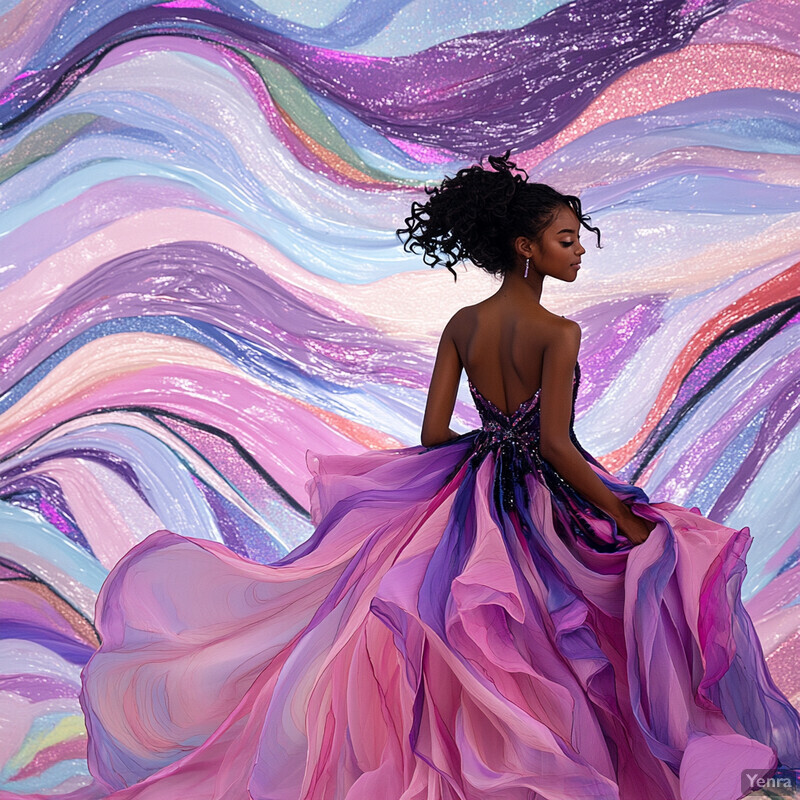 A woman in a vibrant dress stands against a swirling pastel-colored wave background.