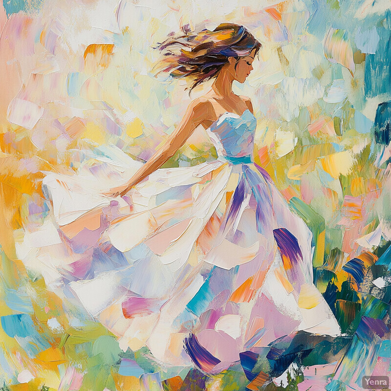 A woman in a flowing white dress dancing or twirling in front of a soft, gradient-like background.