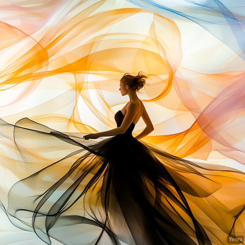 A woman in a flowing black dress set against a vibrant background of orange and blue hues.