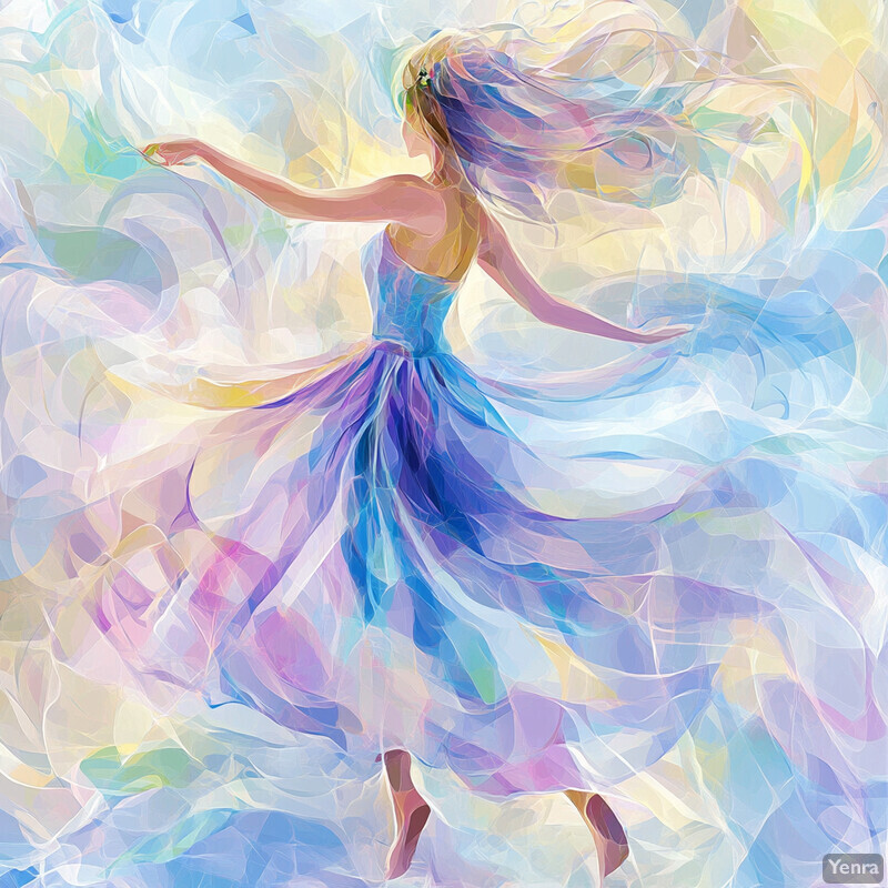 A woman in a flowing dress spins around, her long hair blowing in the wind.