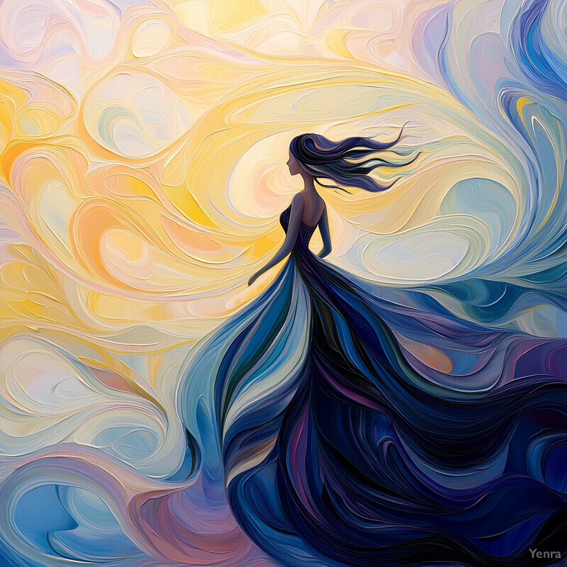 A whimsical and dreamy scene of a woman in a flowing dress set against swirling clouds or smoke.