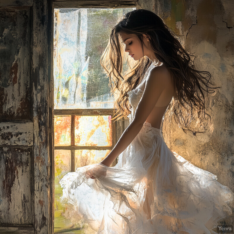 Young woman in white dress standing in front of an old window