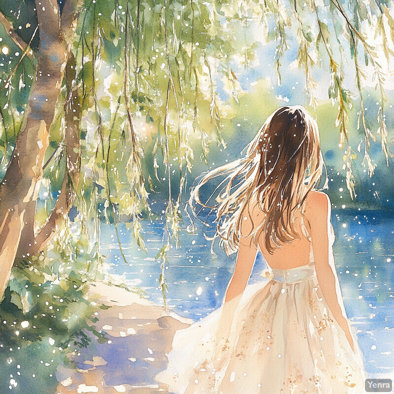 A woman stands by a tranquil body of water, surrounded by lush greenery.