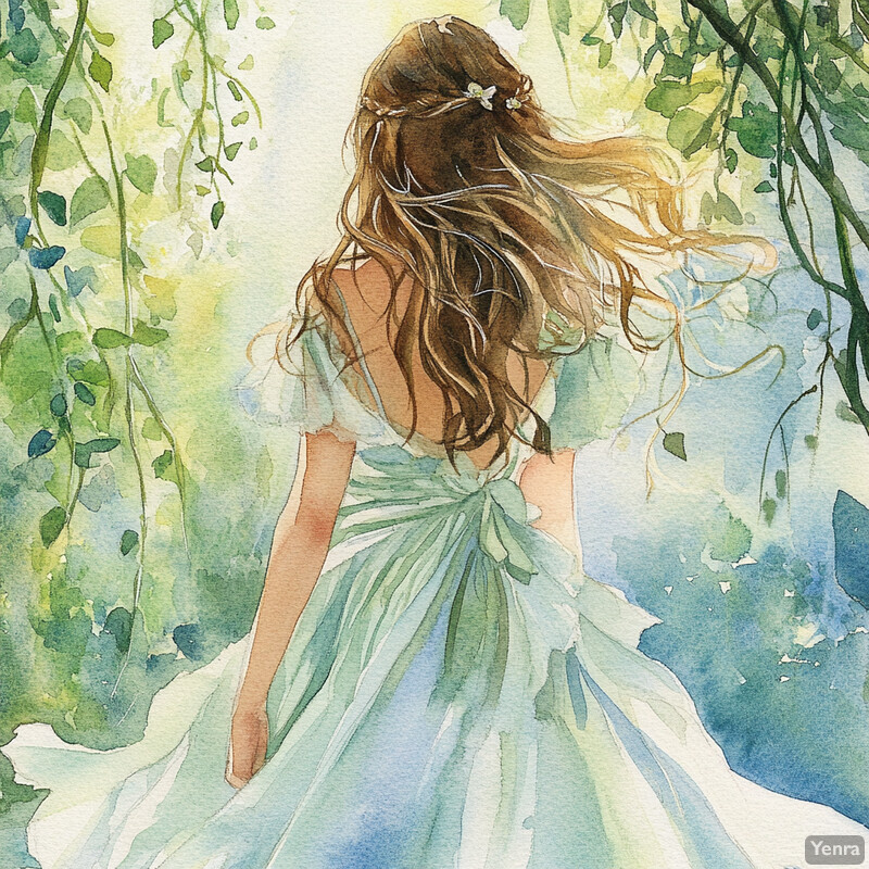 A serene scene of a woman in a flowing white gown standing amidst lush greenery.