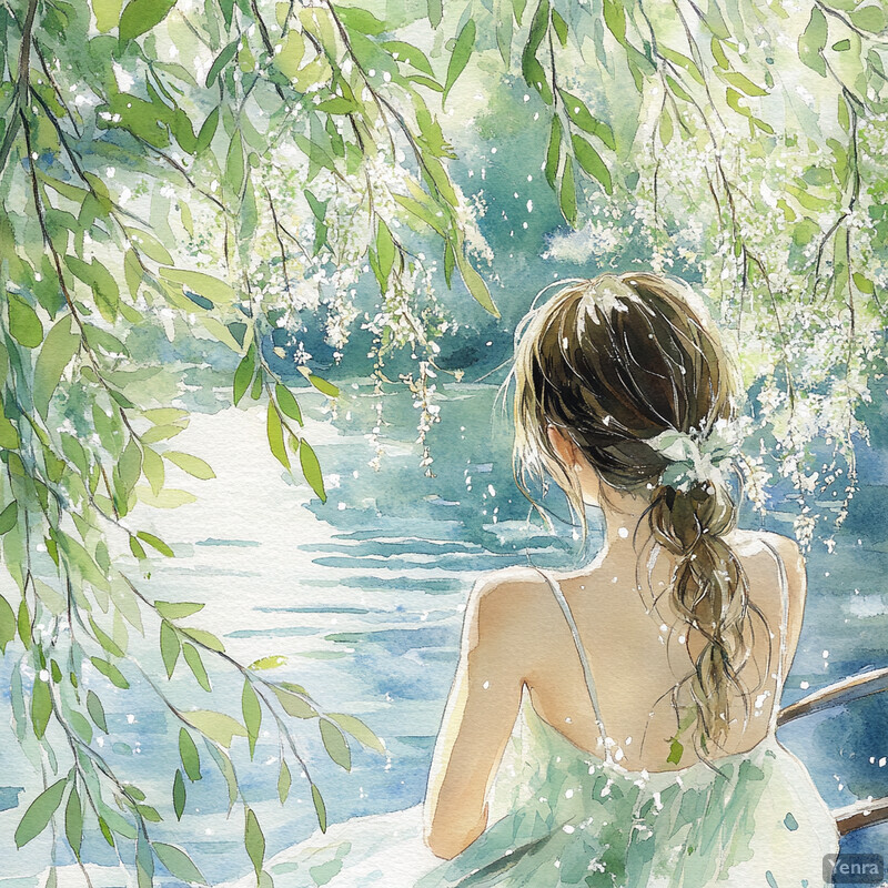 A woman sits on a bench, gazing out at a body of water, exuding relaxation and contentment.