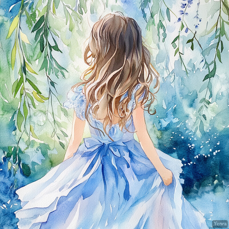 A serene and idyllic scene of a young girl surrounded by lush greenery and vibrant wildflowers.