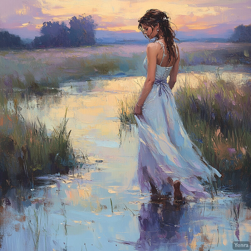 A serene painting of a woman standing in a field, gazing out at the horizon