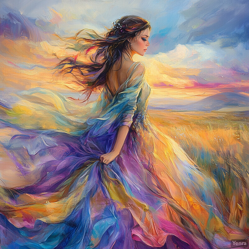 A serene and idyllic scene of a woman in a flowing dress standing amidst tall grasses under a vibrant sunset sky.