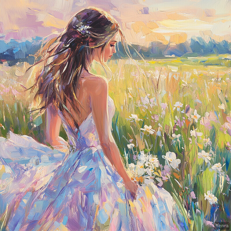 A woman in a white dress walks through a field of flowers