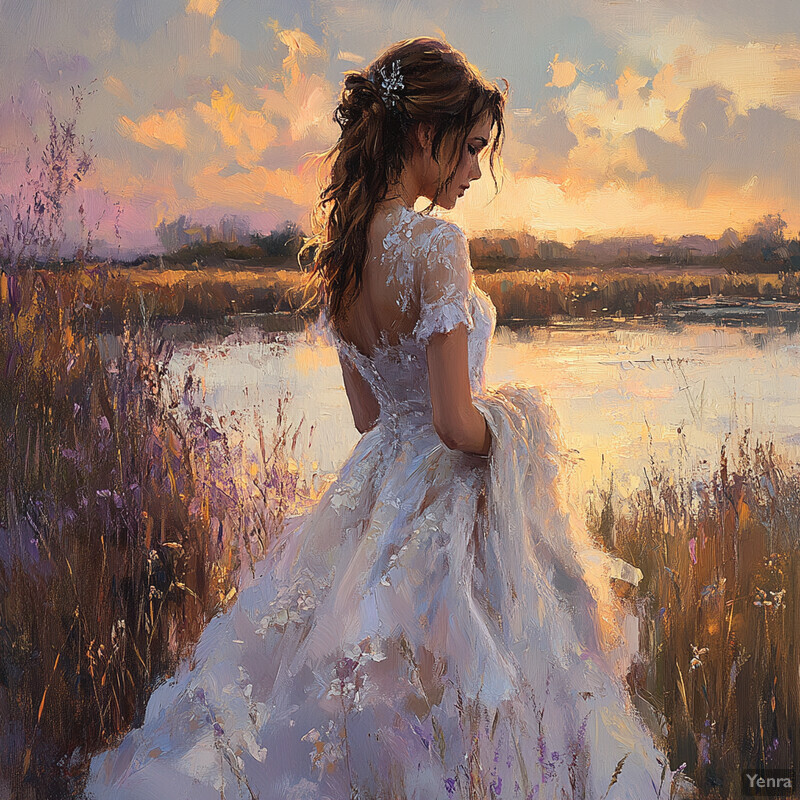 A serene painting of a woman in a white dress by a body of water