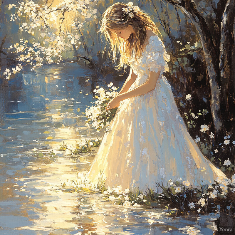 A young girl stands in a serene body of water surrounded by lush greenery and vibrant flowers