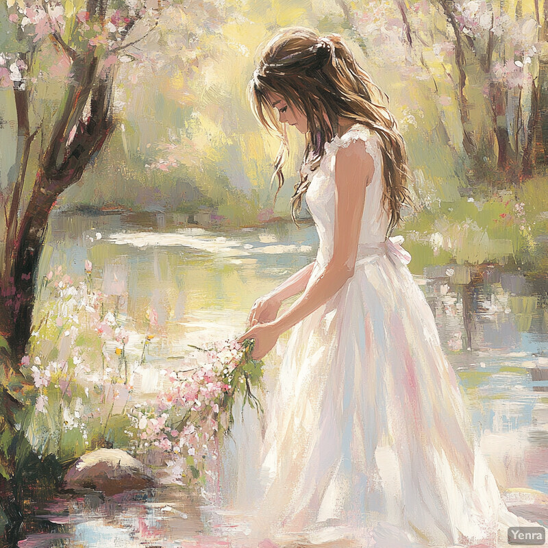 A young woman stands by the water's edge, holding a bouquet of pink flowers and surrounded by a lush natural landscape.