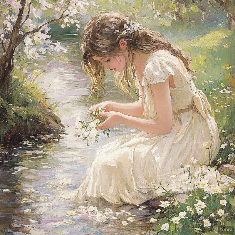 A serene and idyllic scene of a young girl surrounded by lush greenery and vibrant flowers