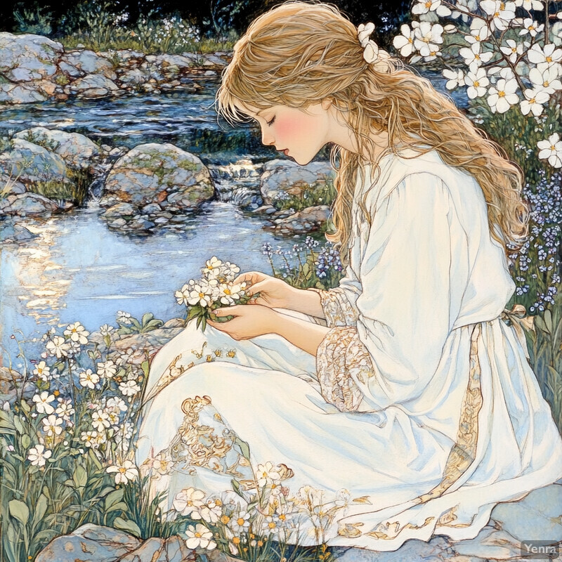 A young girl sits by a stream, surrounded by lush greenery and vibrant flowers, lost in thought or contemplation.