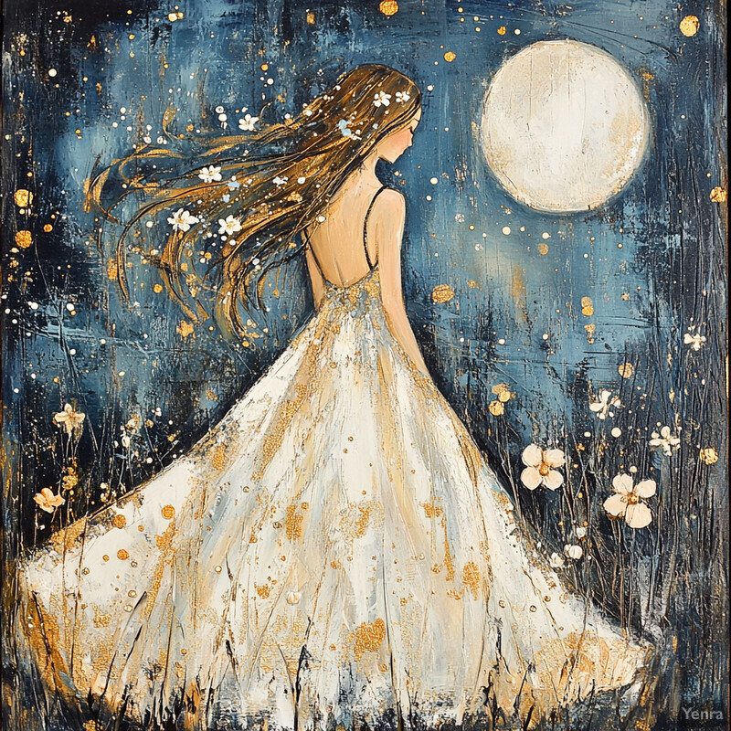 A serene and dreamy scene of a woman standing in a field under a full moon