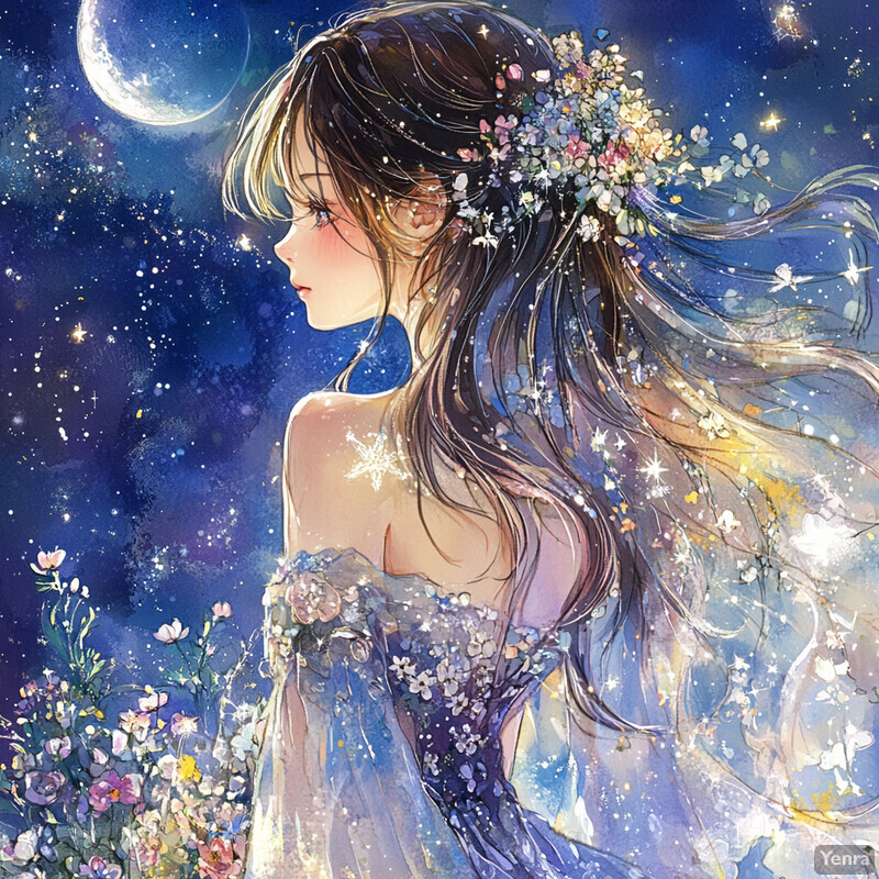 A serene and ethereal scene of a woman surrounded by celestial elements