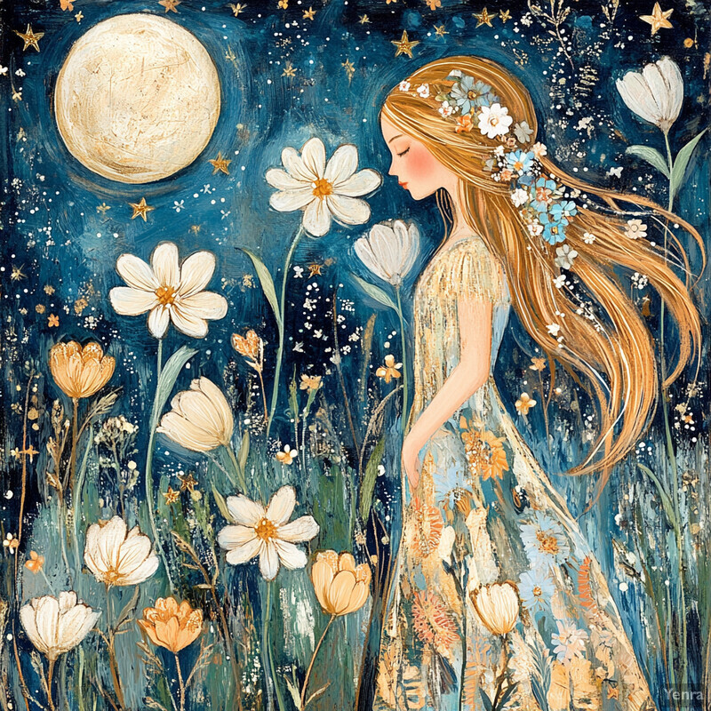 A serene and enchanting scene of a girl standing in a meadow under the light of a full moon