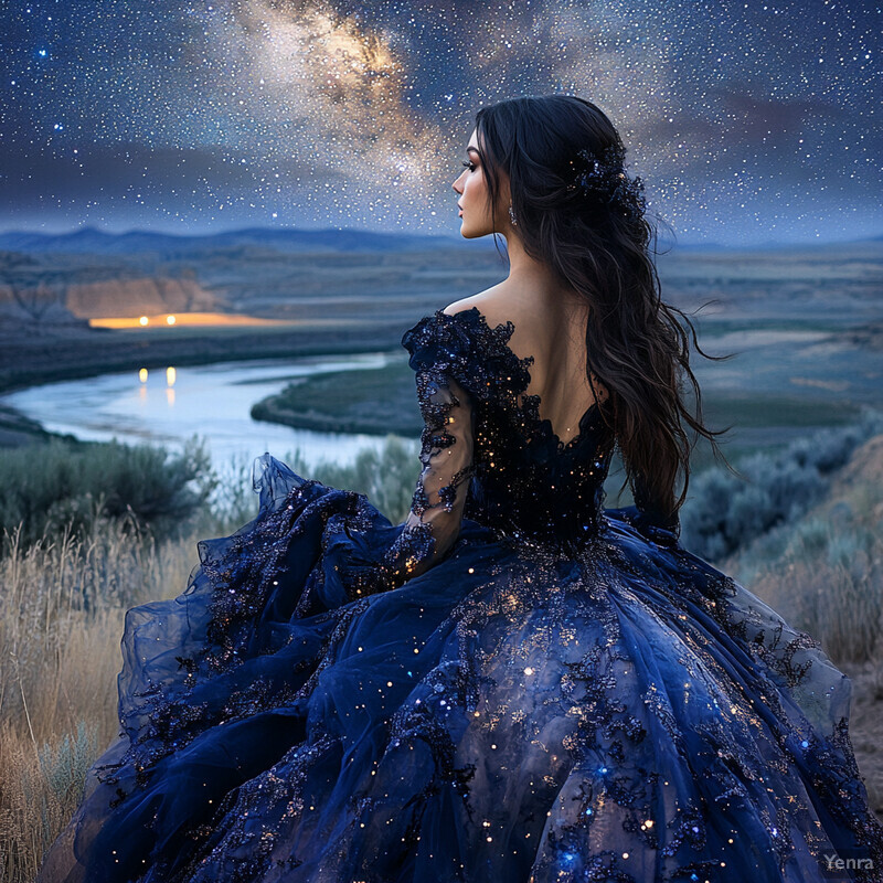 A woman stands in a vast prairie landscape under a starry night sky, surrounded by tall grasses and wildflowers, with a winding river in the distance and a sense of peace and wonder.