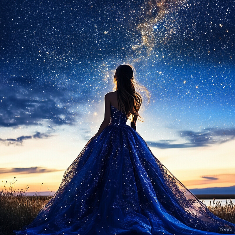 A woman in a blue gown stands on a prairie at dusk or dawn, gazing out towards the horizon.