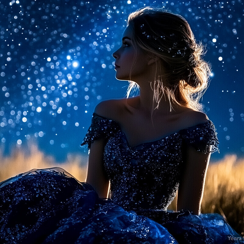 A woman sits in a field at dusk or dawn, surrounded by tall grasses and wildflowers.