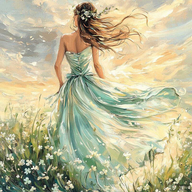 A woman stands in a field of white flowers, wearing a light blue-green dress.