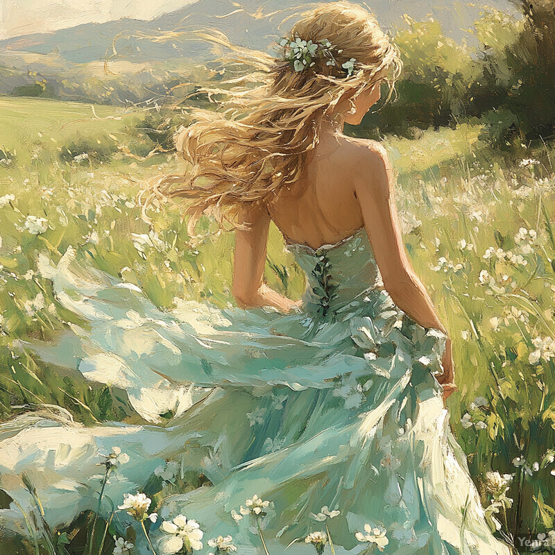 A serene and idyllic scene of a woman walking through a field of wildflowers.