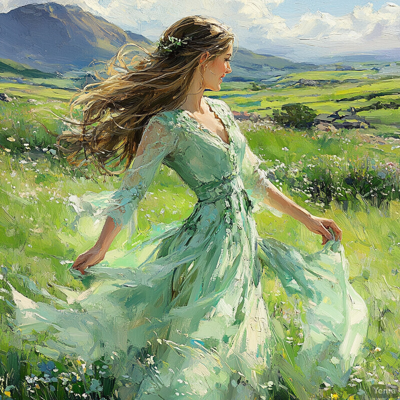 A woman twirls in a mint-green dress amidst rolling hills and mountains