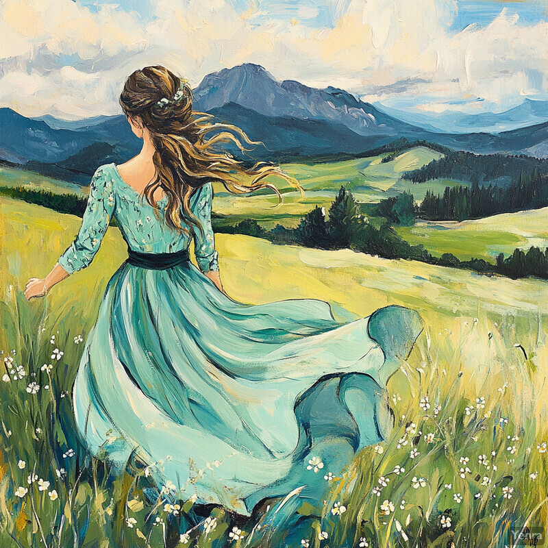 A serene landscape with a woman standing amidst wildflowers, gazing out at mountains and trees.