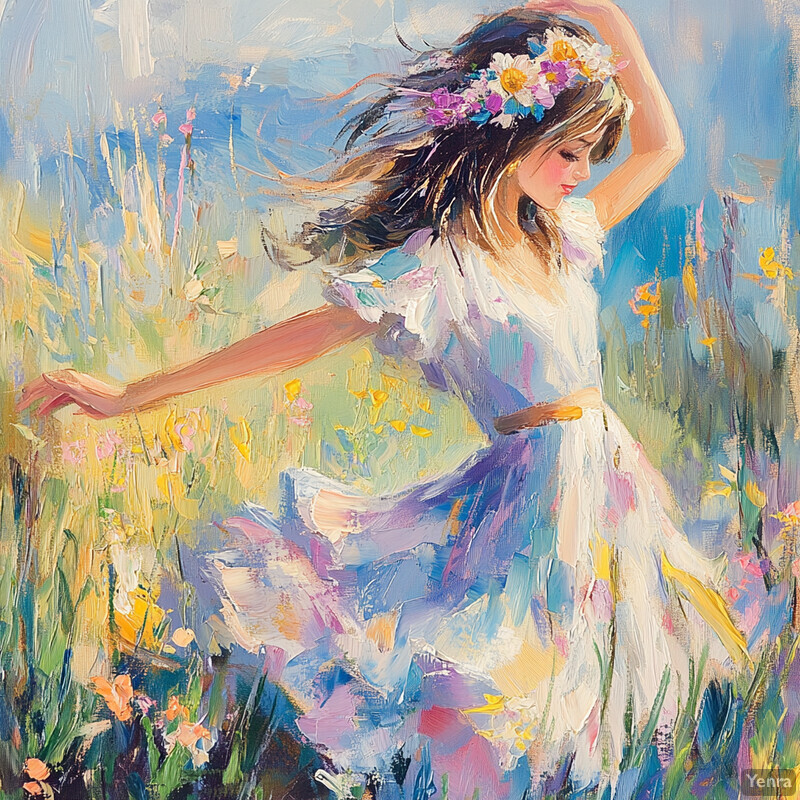 A young girl surrounded by nature, holding wildflowers