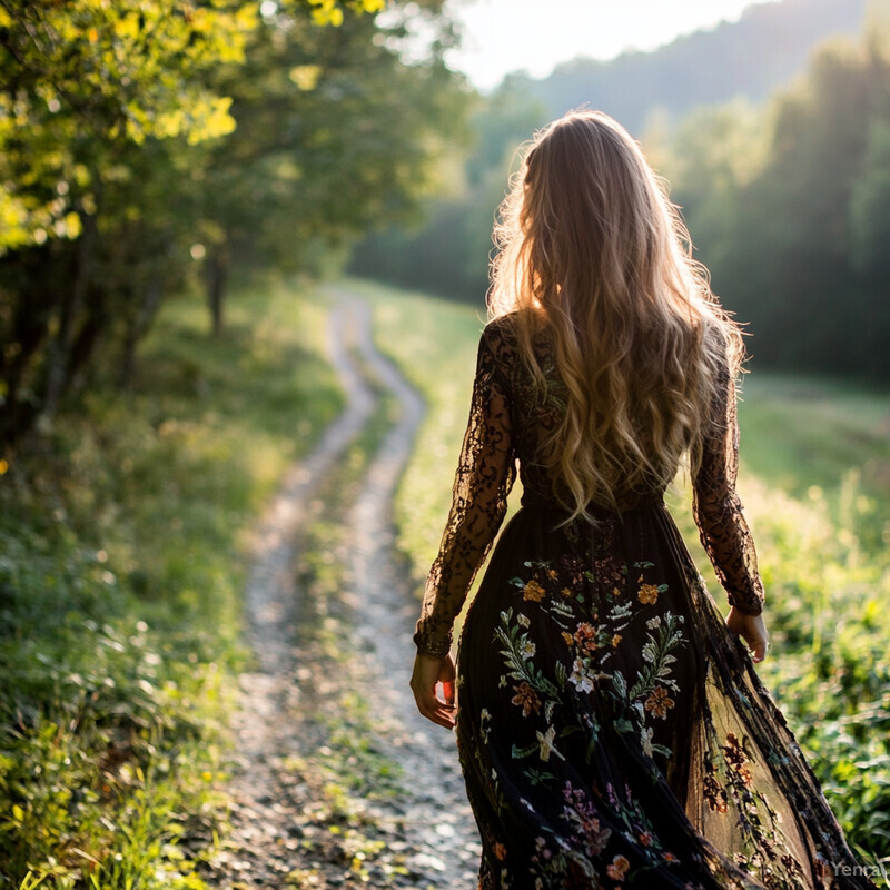 A woman walks along a dirt path in a wooded area, wearing a long-sleeved dress with a floral pattern.