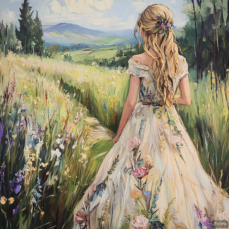 A serene painting of a woman in a field of wildflowers gazing out at a distant mountain range under a bright blue sky with white clouds.