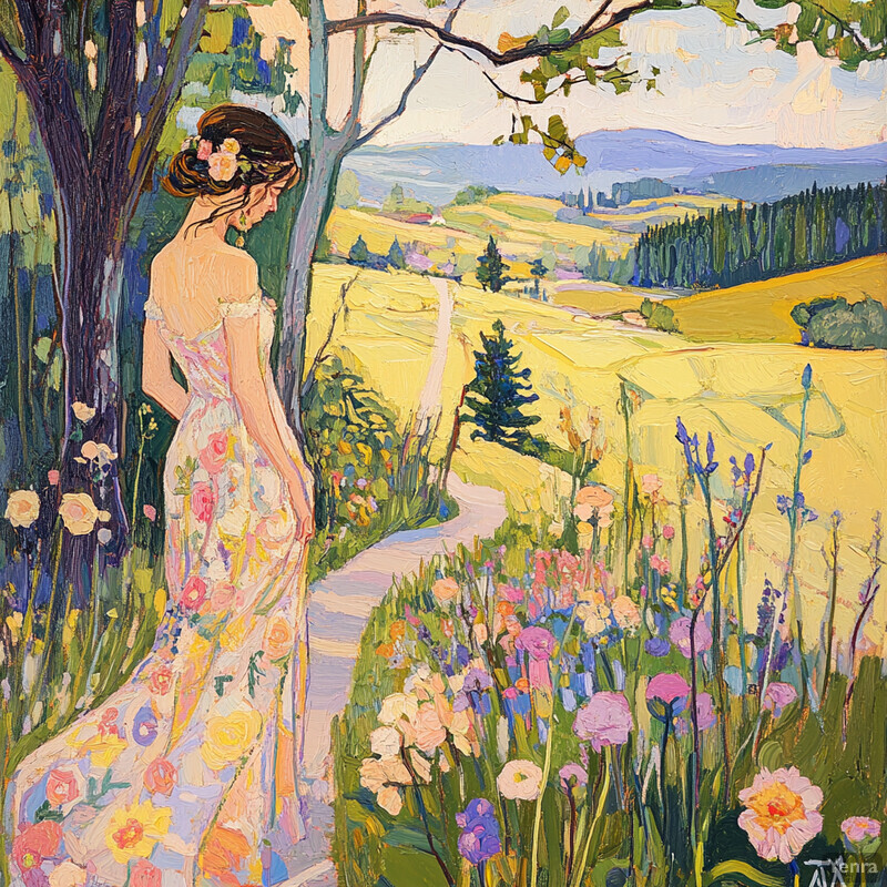 A woman strolling through a countryside field of wildflowers