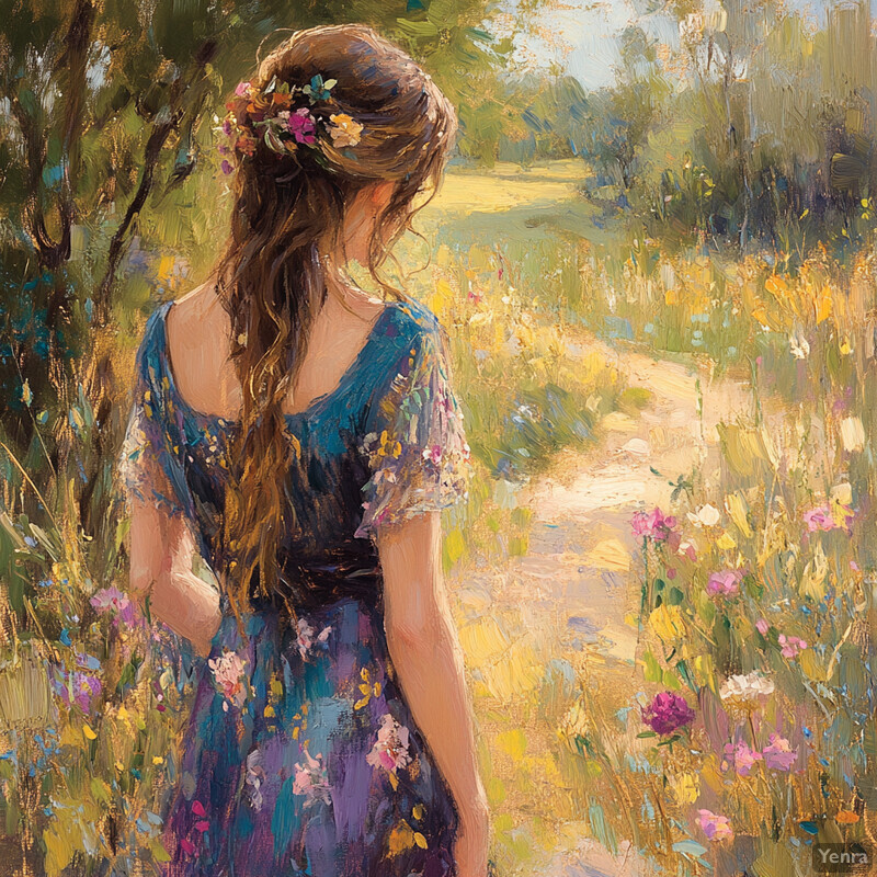 A young woman with long brown hair and blue dress walks through a field of wildflowers and trees on a sunny day.