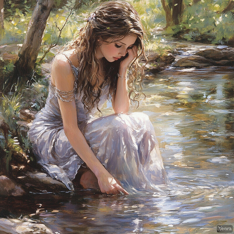 A serene painting of a woman sitting by a stream surrounded by lush greenery and vibrant flowers.