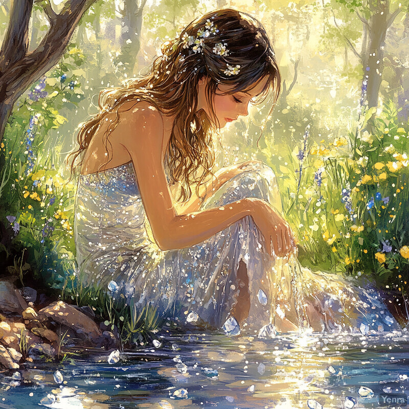 A serene and idyllic scene of a woman sitting by a brook, surrounded by lush greenery and vibrant flowers.