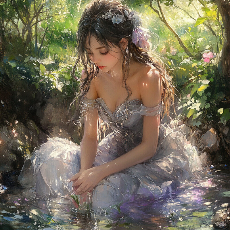 A serene and idyllic scene featuring a woman in a flowing white dress sitting by a tranquil pond