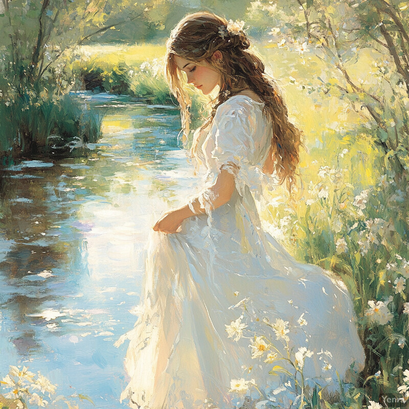 A serene and idyllic scene of a woman standing by a river in a lush green field