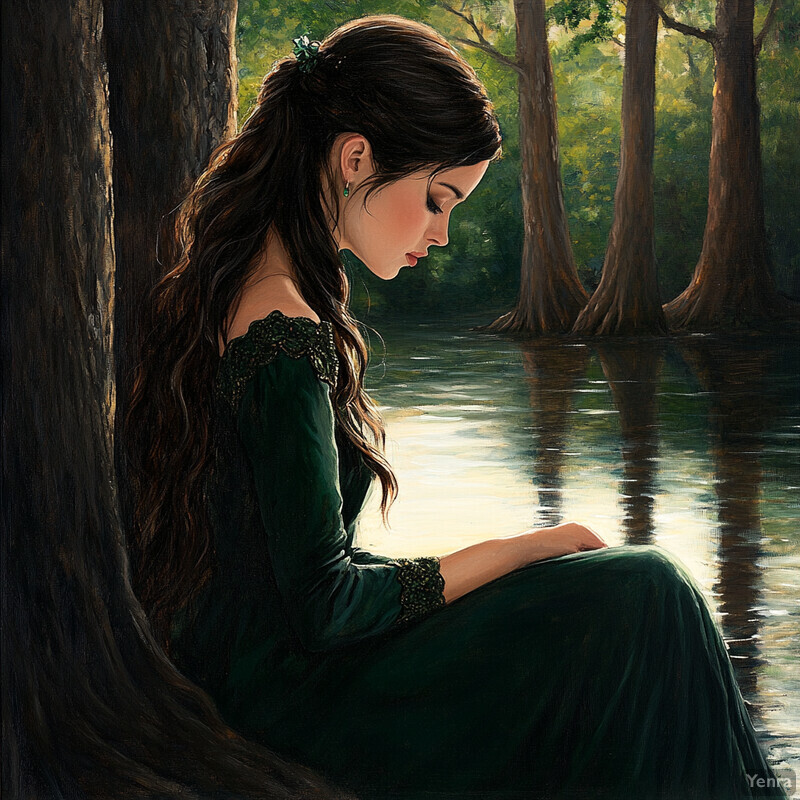 A woman sits by a body of water, surrounded by trees and foliage, exuding peace and tranquility.