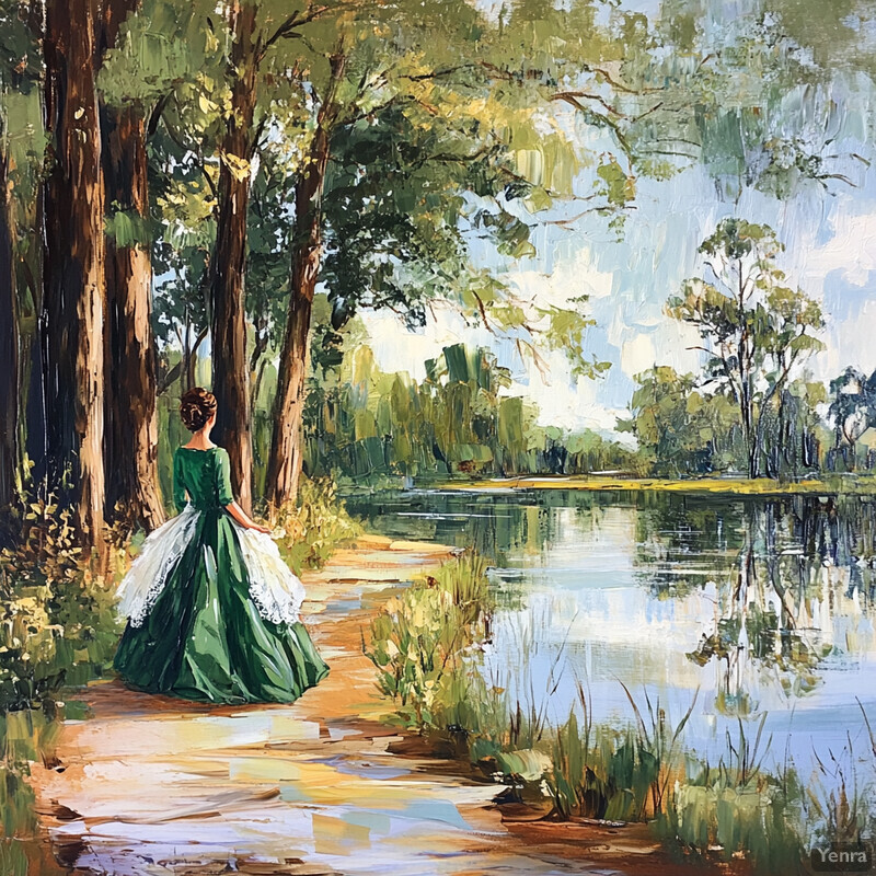 A woman in a green dress walks along a path near a body of water, surrounded by tall trees and reflecting the sky above. The painting exudes serenity and contemplation, with bold brushstrokes and vivid colors that bring the scene to life.