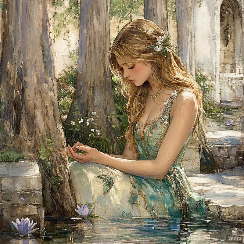 A woman sits by a pond surrounded by greenery and flowers, enjoying a serene moment.