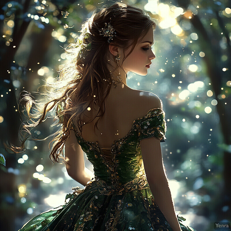 A young woman in a green dress stands amidst a lush forest setting