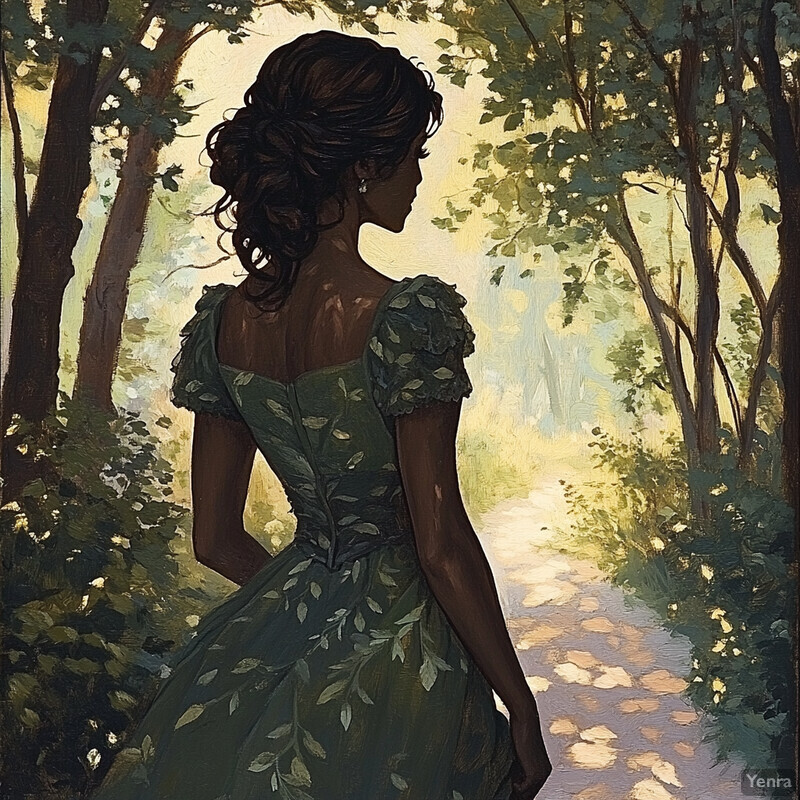 A woman in a green dress stands on a forest path, surrounded by trees and foliage.