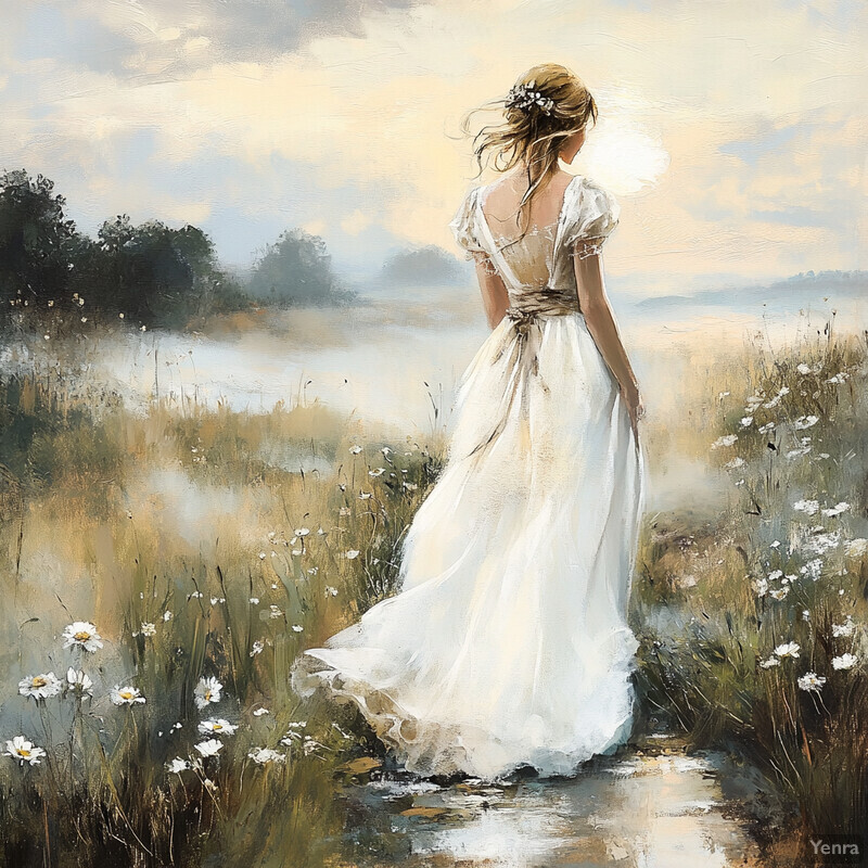 A woman in a white dress stands on a winding path amidst wildflowers, gazing off into the distance.