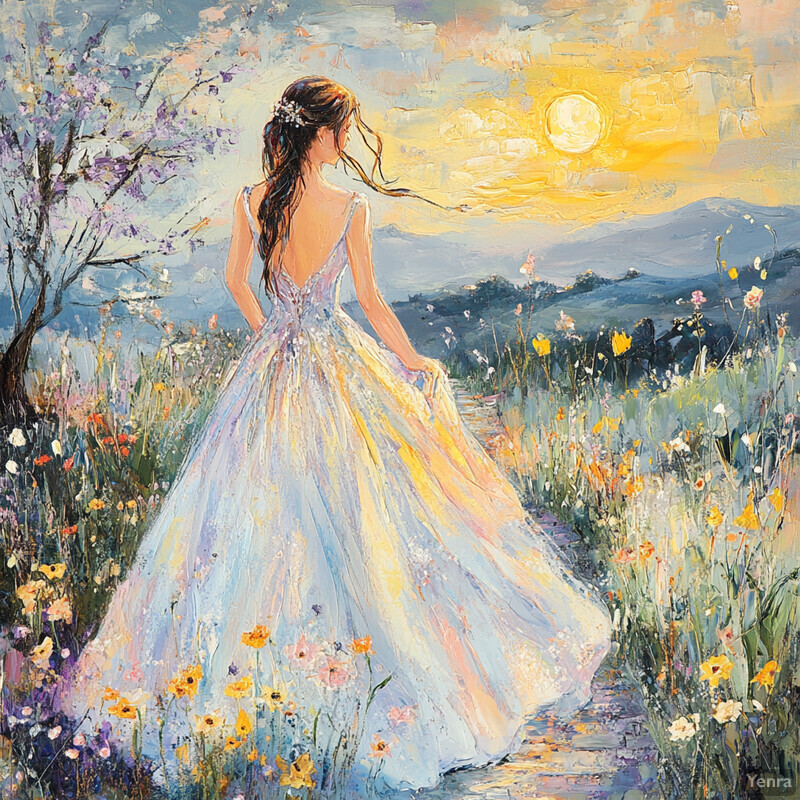 A serene and idyllic scene of a woman standing in a field of wildflowers, gazing up at the sky with her arms outstretched